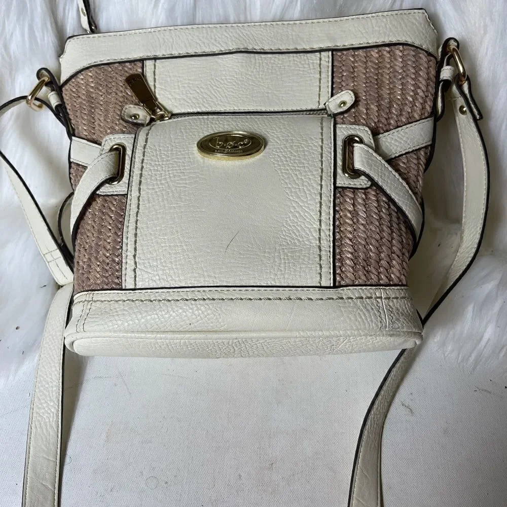 B.O.C Born Concept beige & straw weaving crossbody bag with gold tone ha…